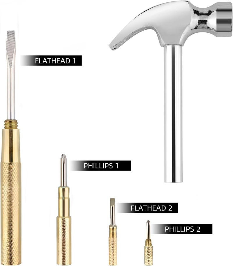 Kinobo Small Metal Hammer 6 in 1 with Slotted/Flat Head Phillips Screwdriver Claw Hammer Manual, Portable Multifunction Tool Hammer (Gold Silver) - Image 3